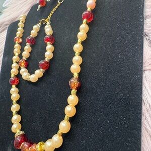Elegant Pearl and Red Bead Necklace Set